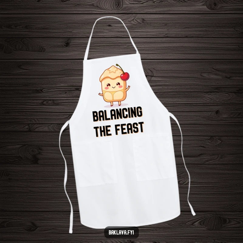 Funny Baklava Apron with a happy slice character smiling and balancing a cherry, perfect for sweet kitchen fun.