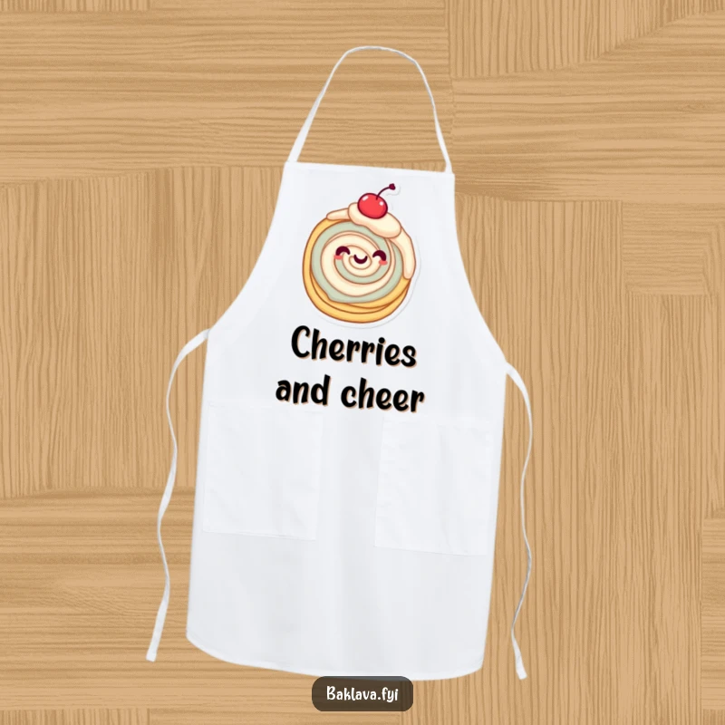 Funny twirling pastry character with a cherry on top, a fun and sweet funny apron.