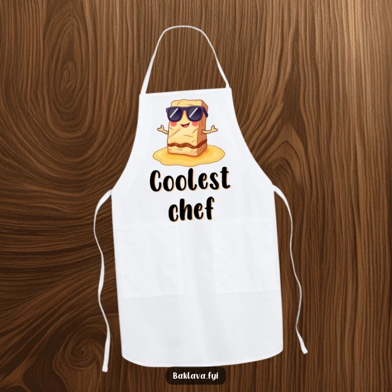 Funny Apron: A baklava slice in sunglasses poses on syrup, a humorous and stylish kitchen essential.