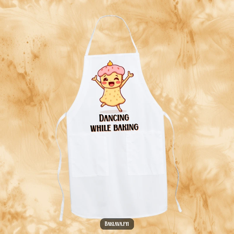 Funny apron showing a piece of baklava in a triumphant dance pose, ideal for kitchen fun and sweet, celebratory cooking adventures.