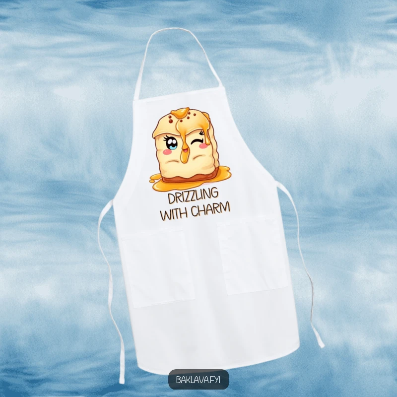 Funny winking baklava apron showing a baklava with almond eyes, offering syrup, protecting clothes with charm.