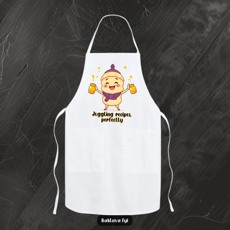 Funny apron: a grinning baklava character skillfully juggles honey jars while cooking.