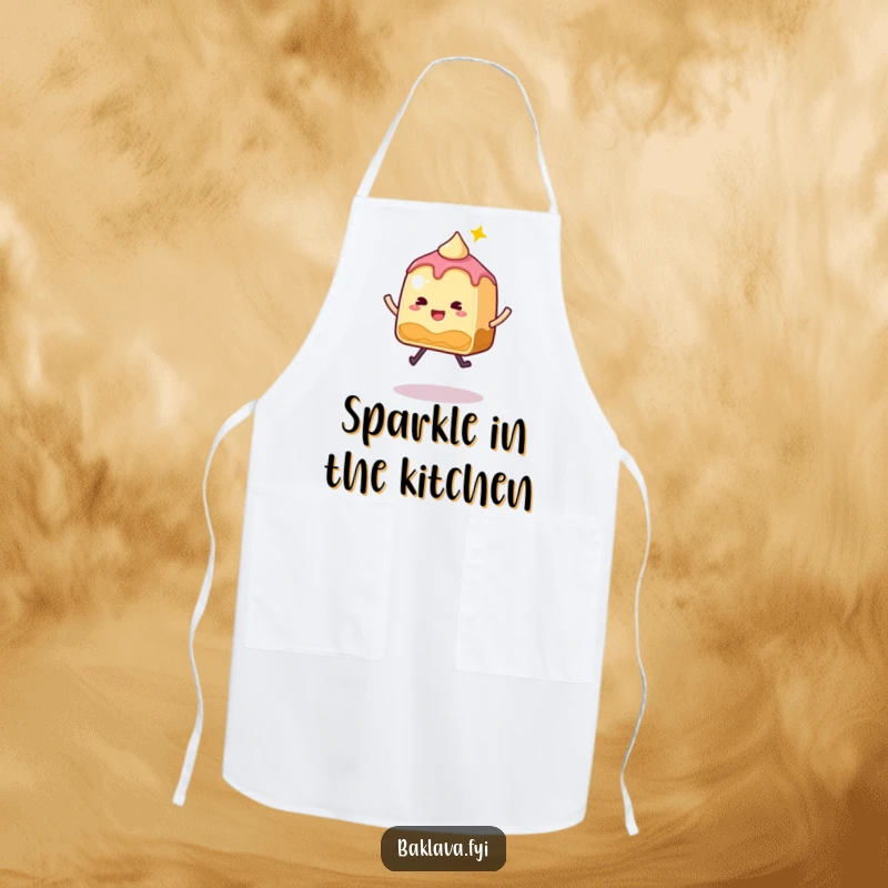 Funny Baklava Apron with a whimsical, sparkly slice of Baklava doing a joyful jump, perfect for cooking fun.