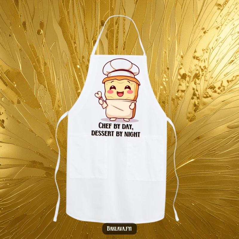 Funny baklava chef apron showing a joyful pastry with a chef hat and pastry bag, protecting against culinary mishaps.