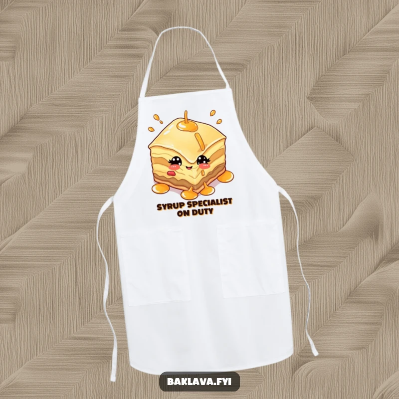 Funny baklava chef apron with a winking character juggling syrup, adding a playful touch to kitchen activities.