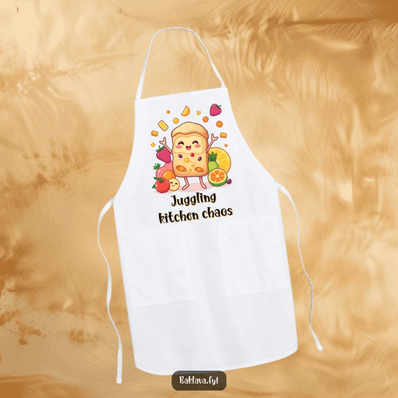 Funny baklava apron showing a happy character juggling candied fruits, ideal for a joyful cooking experience.