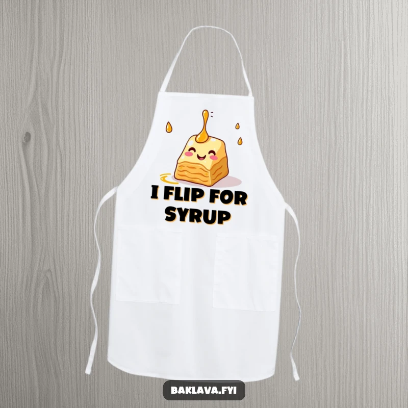 Funny baklava apron with a slice juggling syrup, making cooking and baking sessions more enjoyable and humorous for anyone who loves desserts.