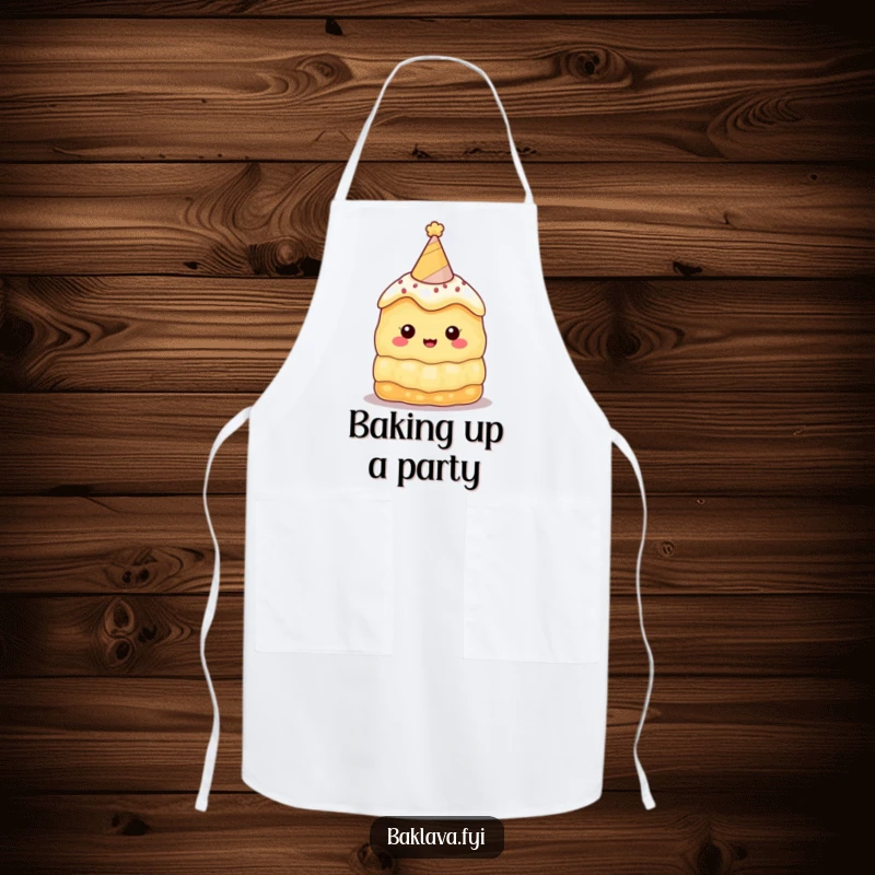 Funny baklava apron featuring a celebratory character in a party hat, making cooking and baking a more joyful and humorous experience for kitchen enthusiasts.