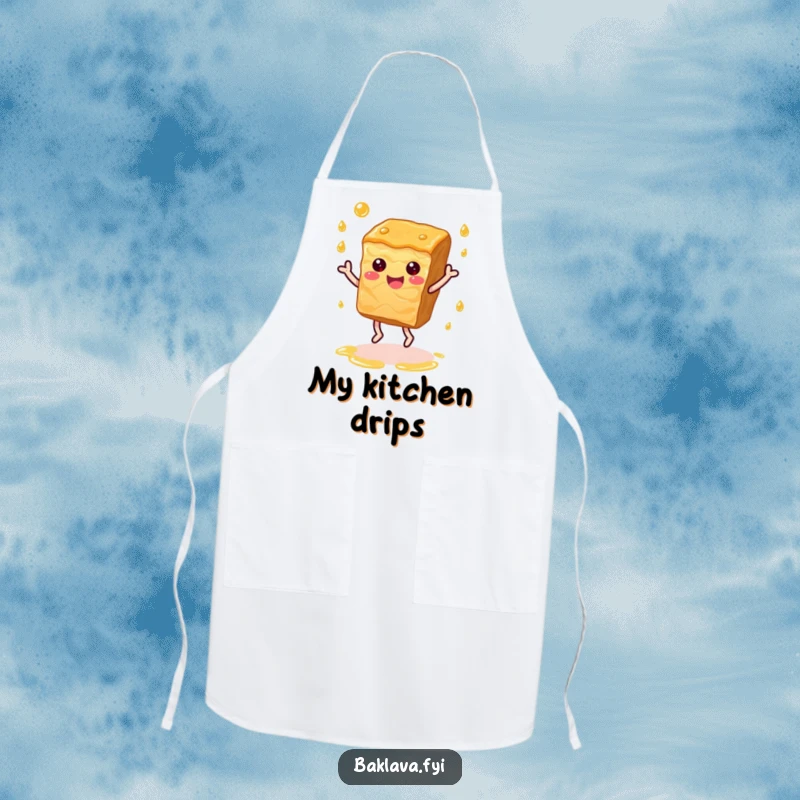Funny baklava slice dancing with syrup droplets, a humorous and functional apron for chefs.