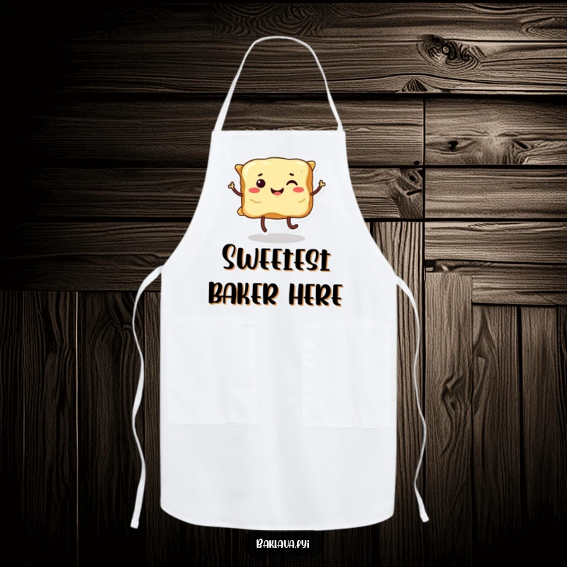 Funny smiling baklava with legs, dancing playfully, ready for kitchen adventures on this delightful apron.