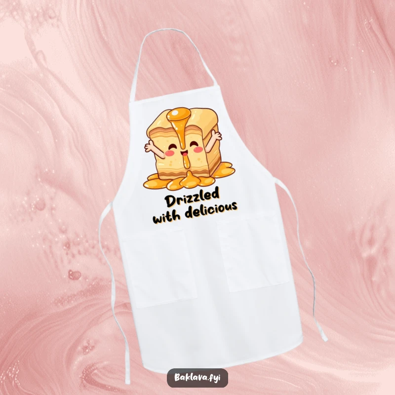 Funny happy baklava apron, kitchen wear with baklava piece enjoying syrup cascade, showing sweet passion.