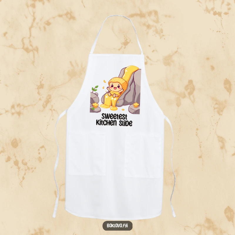 Funny baklava character sliding down a honey waterfall, a humorous and functional apron for chefs.