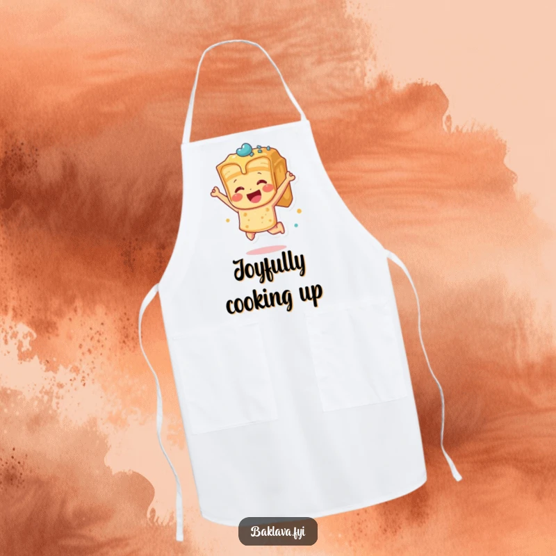 Funny baklava piece leaping with joy on an apron, ready for kitchen fun with exuberant, dessert humor.