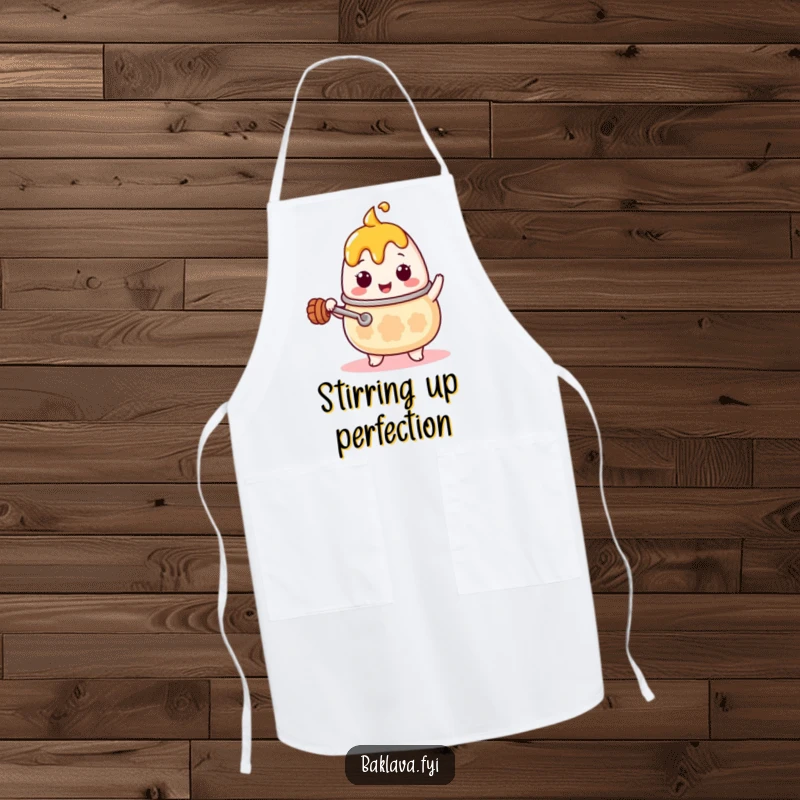 Funny Kawaii honey pot character with a tiny ladle, stirring enthusiastically, depicted on a practical and humorous kitchen apron, ideal for cooks.