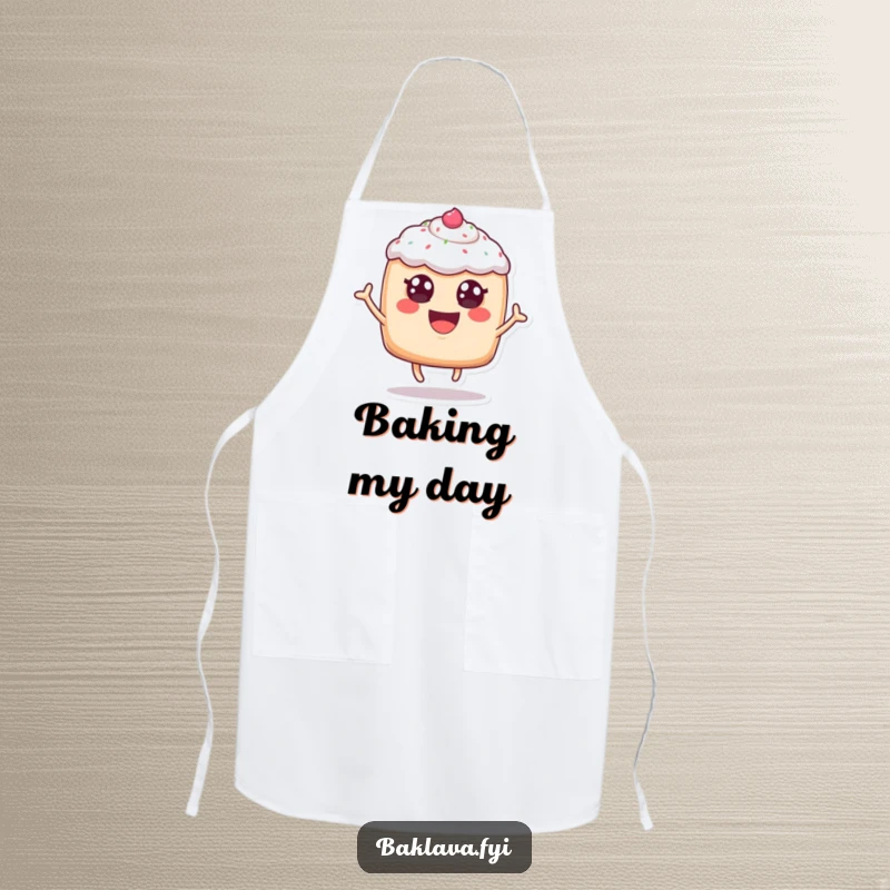 Funny, cheerful anthropomorphic pastry with frosting eyes leaping for joy, on a kitchen apron, bringing playful baked good humor to cooking.