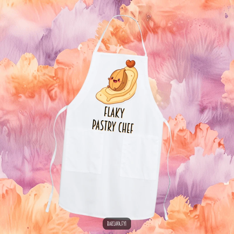 Funny apron showing a nut character rolling down a flaky pastry hill, ideal for kitchen fun and sweet, humorous baking adventures.