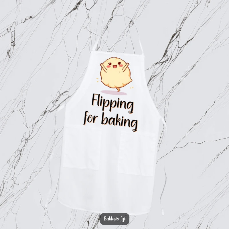 Funny phyllo dough sheet apron with a cartwheeling dessert layer, bringing humor to baking duties.