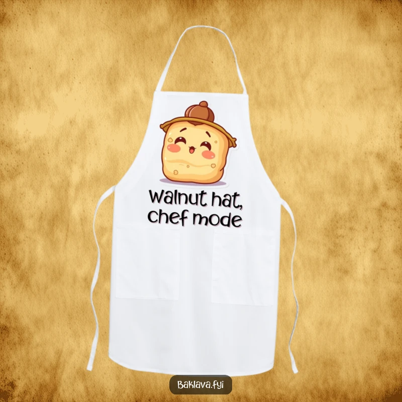 Funny surprised baklava wearing a walnut hat, tilting its head, a functional apron for culinary fun.