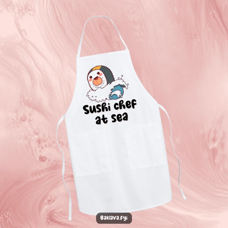 A funny sushi roll character riding a small wave, featured on a practical and funny kitchen apron.