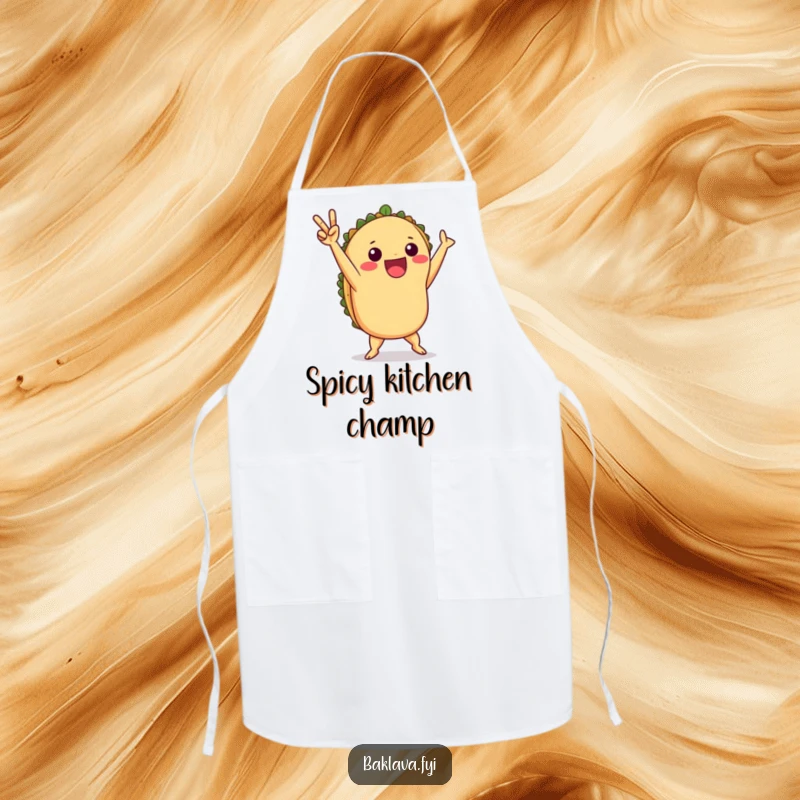 Funny taco victory dance apron with a playful taco celebrating, perfect for kitchen fiestas.