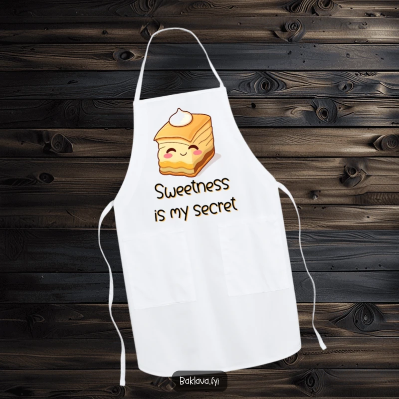 Funny baklava slice winking with cream, on a practical kitchen apron. A humorous and useful accessory for dessert lovers.