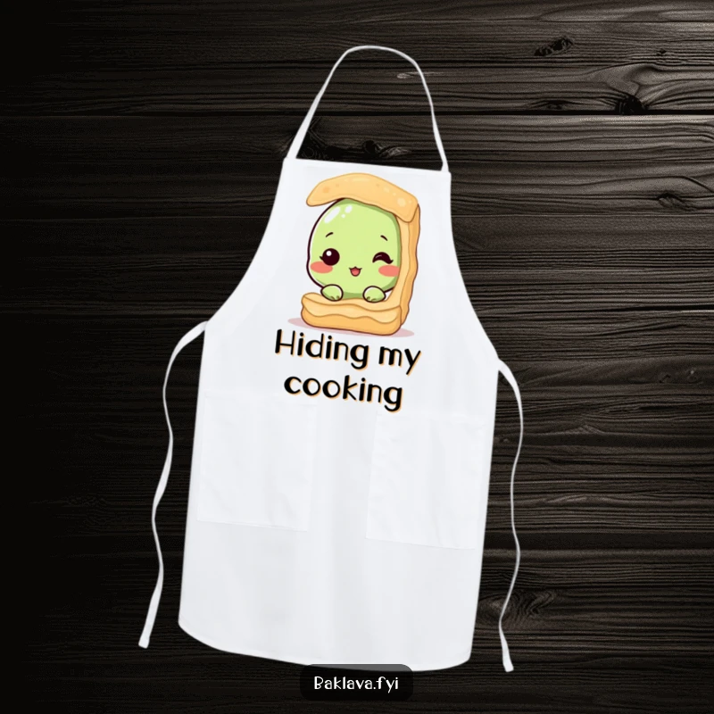 Funny apron showcasing a shy pistachio nut peeking from baklava, adding a humorous and sweet element to kitchen attire. Wearable culinary delight.