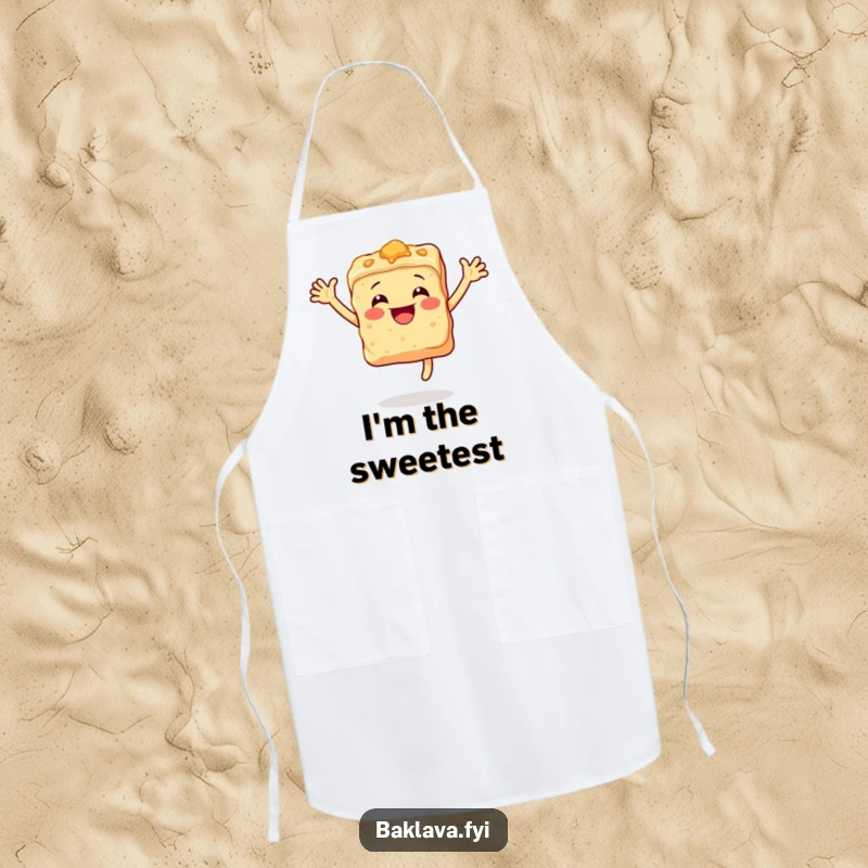 Funny baklava apron showing a happy, leaping piece of baklava, ready for culinary adventures.