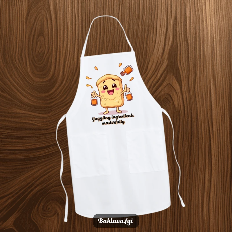 Funny baklava character juggling syrup bottles with glee, on a practical kitchen apron. A humorous and useful accessory.
