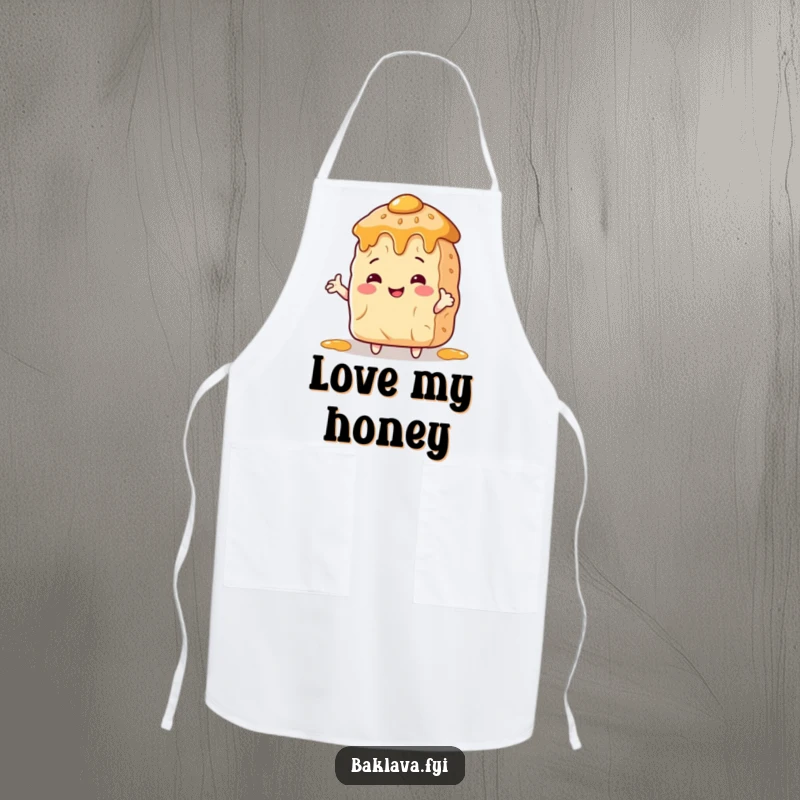 Funny Apron: A smiling baklava piece with arms hugs a honey pot, a humorous and practical kitchen accessory.