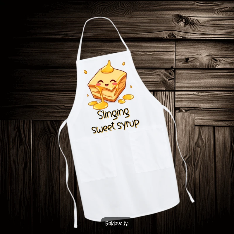 Funny baklava slice apron showing a cheerful dessert juggling honey drips, adding humor to kitchen tasks.