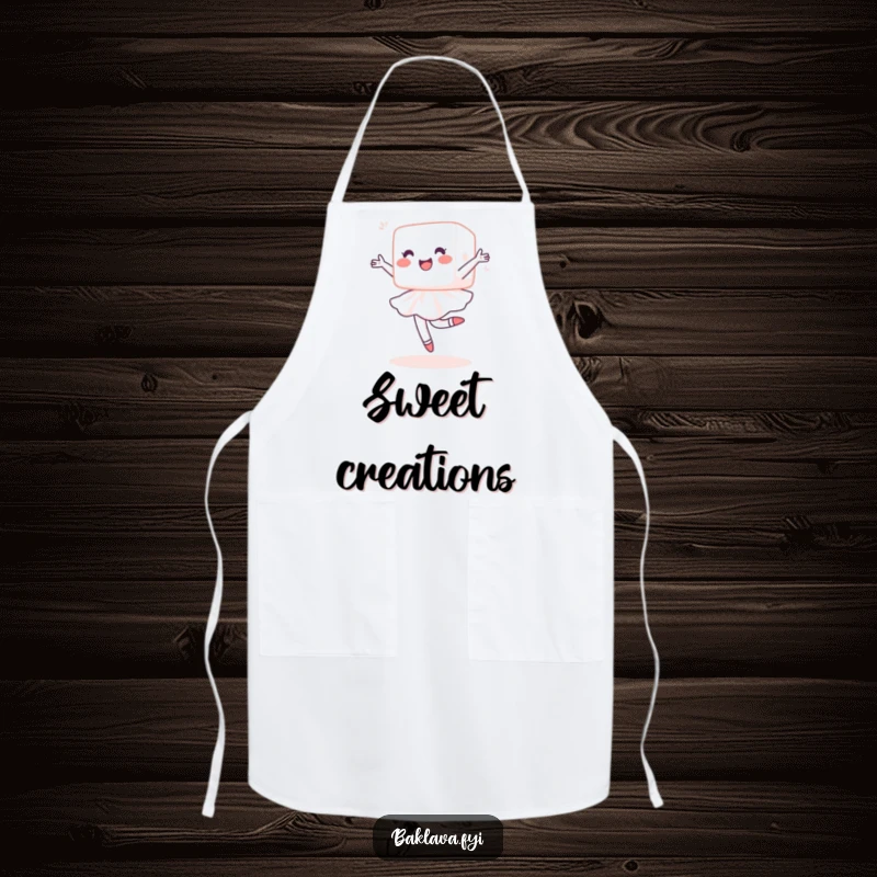 Funny sugar cube apron showcasing a delighted cube performing a ballet pirouette, perfect for bakers and chefs who enjoy humor and elegance.