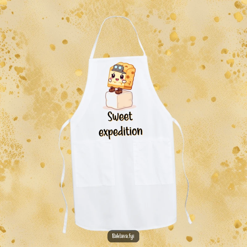 Funny Apron: A baklava explorer with boots climbs a sugar cube, a humorous and practical kitchen essential.