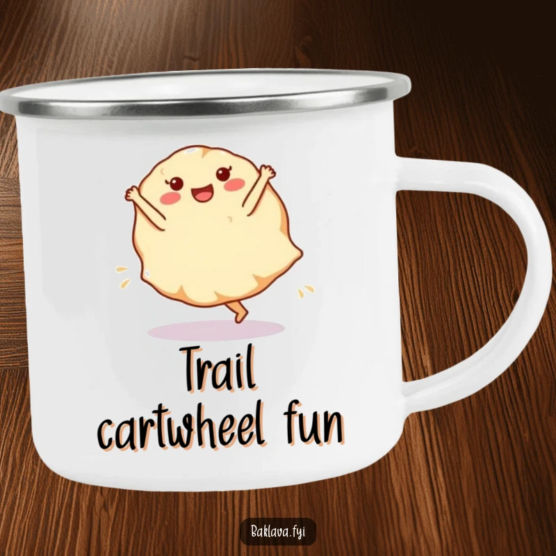 Funny phyllo dough sheet camping mug with a cartwheeling dessert layer, designed for outdoor baking fun.