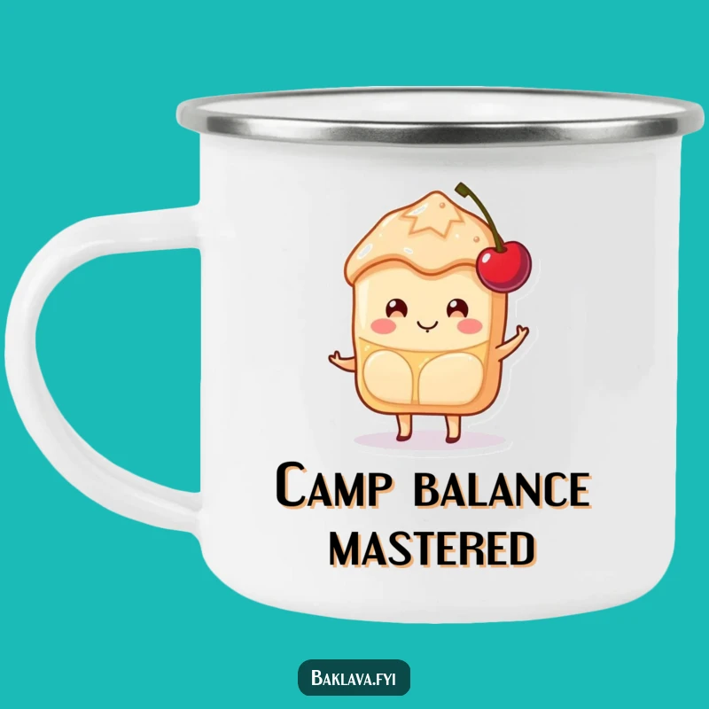 Funny Baklava Camping Mug: Happy Cherry Balancer, Outdoor Sweet Fun Gift