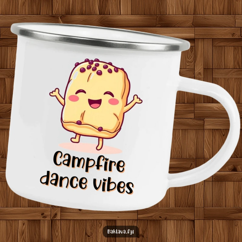 Funny baklava pastry camping mug with a happy dancing dessert, designed for outdoor enjoyment and sweet sips.