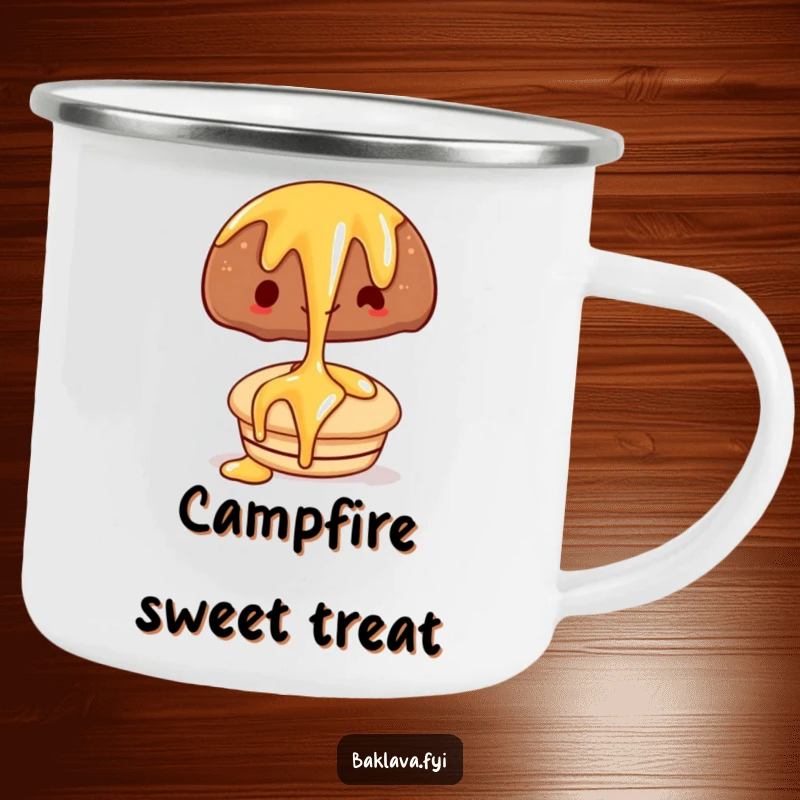 Funny enamel camping mug featuring a happy syrup drizzle over a pastry, a rugged and humorous beverage holder.
