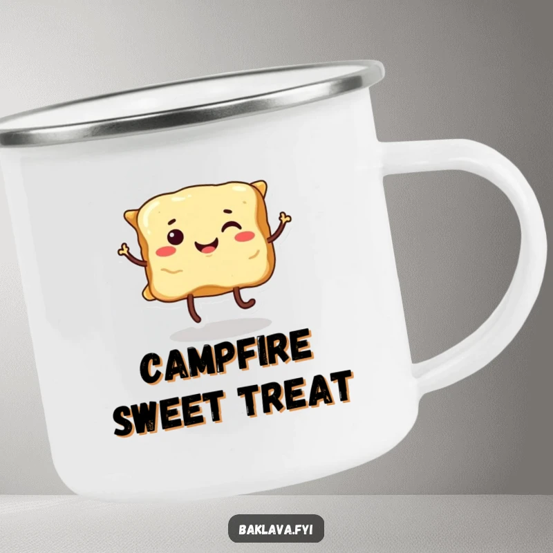 Funny smiling baklava with legs, performing a playful dance, designed for outdoor fun on this humorous camping mug.