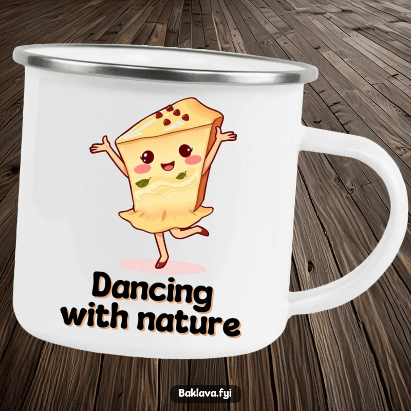 Funny baklava dancer camping mug featuring a delighted baklava slice performing a pirouette in an outdoor setting.