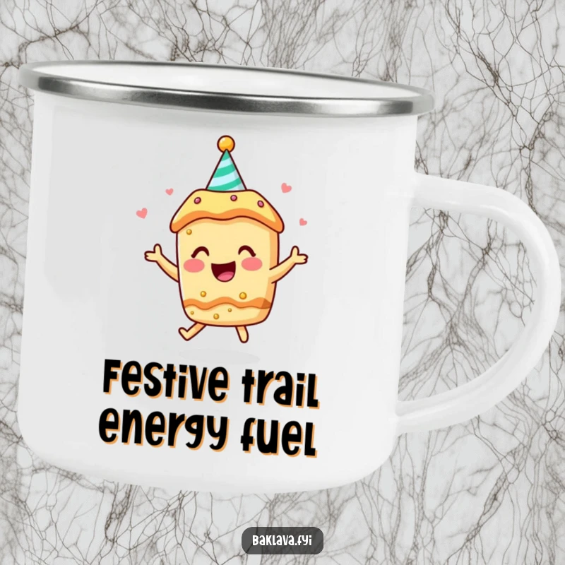 Funny camping mug: a baklava character in a party hat bounces with joy, ready for the wild.