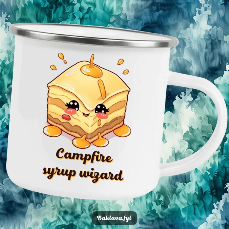 Funny camping mug with a baklava character winking and juggling syrup, perfect for sipping warm beverages.