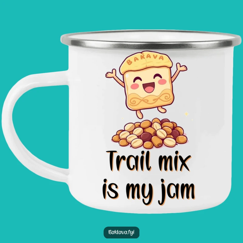 Funny Baklava Camping Mug: Joyful Pastry Leaping Outdoor Adventure Cup