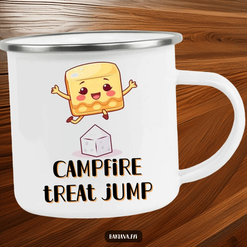 Funny baklava camping mug with a playful square character jumping over a sugar crystal, for humorous outdoor enjoyment.
