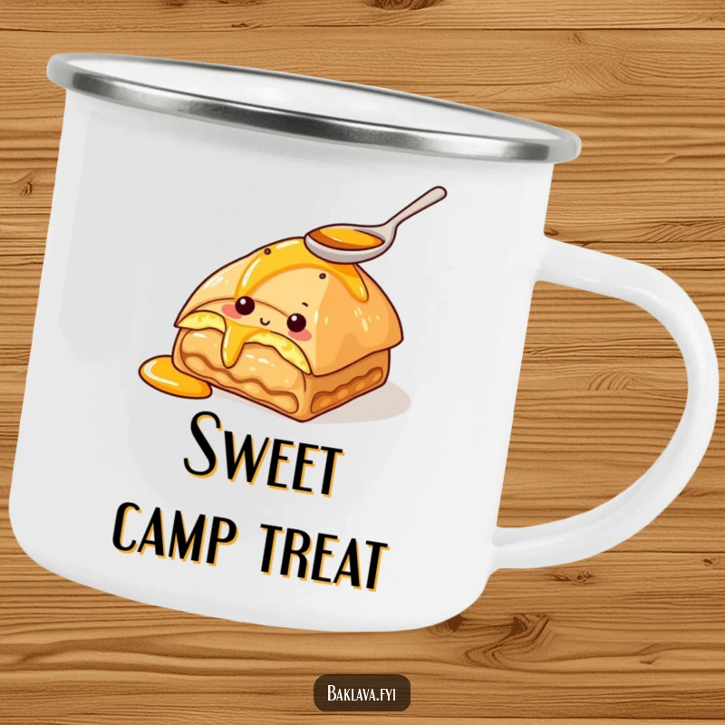 Funny camping mug featuring a curious baklava character tasting honey with a spoon. Durable and humorous for outdoor use.