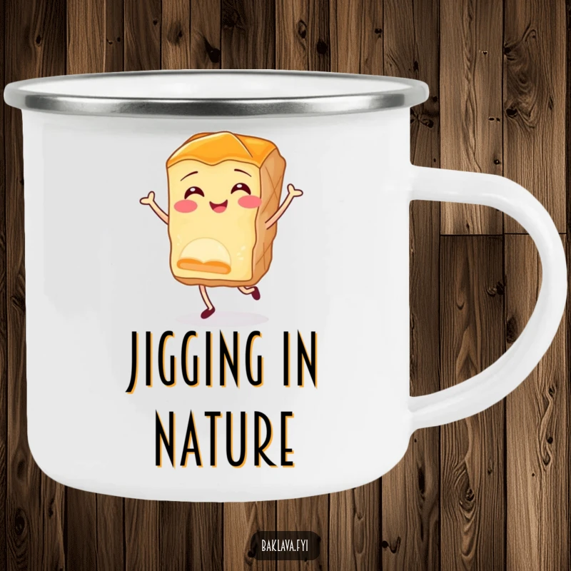 Funny baklava camping mug with a smiling piece of pastry doing a joyful little jig, ideal for outdoor enthusiasts who love humor.