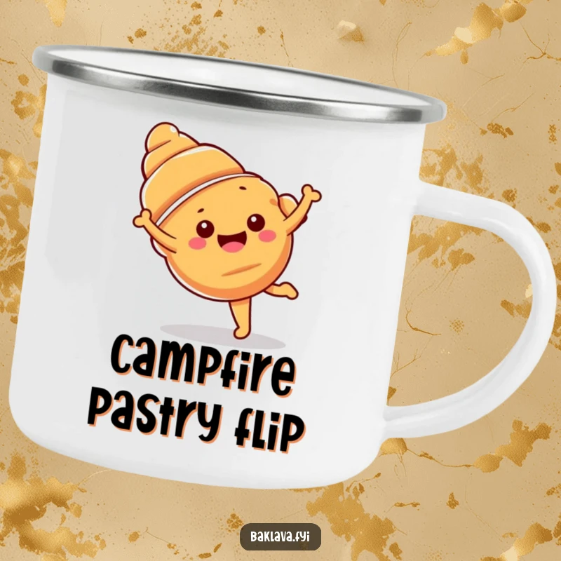 Funny croissant camping mug featuring a happy croissant doing a cartwheel, ideal for outdoor enjoyment.