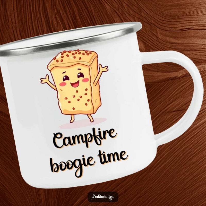 Funny baklava piece joyfully dancing on a durable camping mug, ideal for enjoying beverages with sweet, humorous flair.