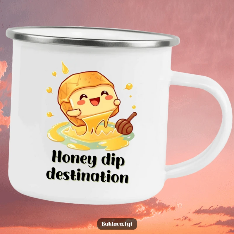 Funny giggling baklava piece doing a cannonball into a honey pool, a durable camping mug for sweet sips.
