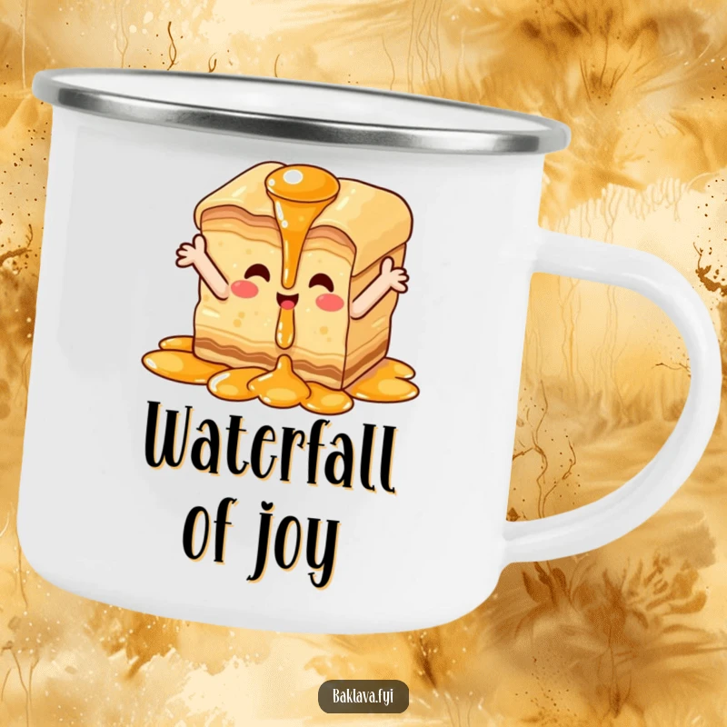 Funny happy baklava enamel camp mug, durable outdoor ware with baklava enjoying syrup waterfall, sweet adventure theme.