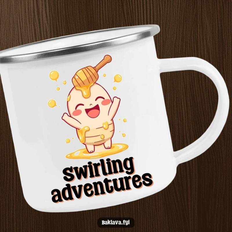 Funny honey dipper camping mug with a laughing dipper playfully sprinkling swirls, ideal for outdoor enthusiasts who love sweetness and humor.