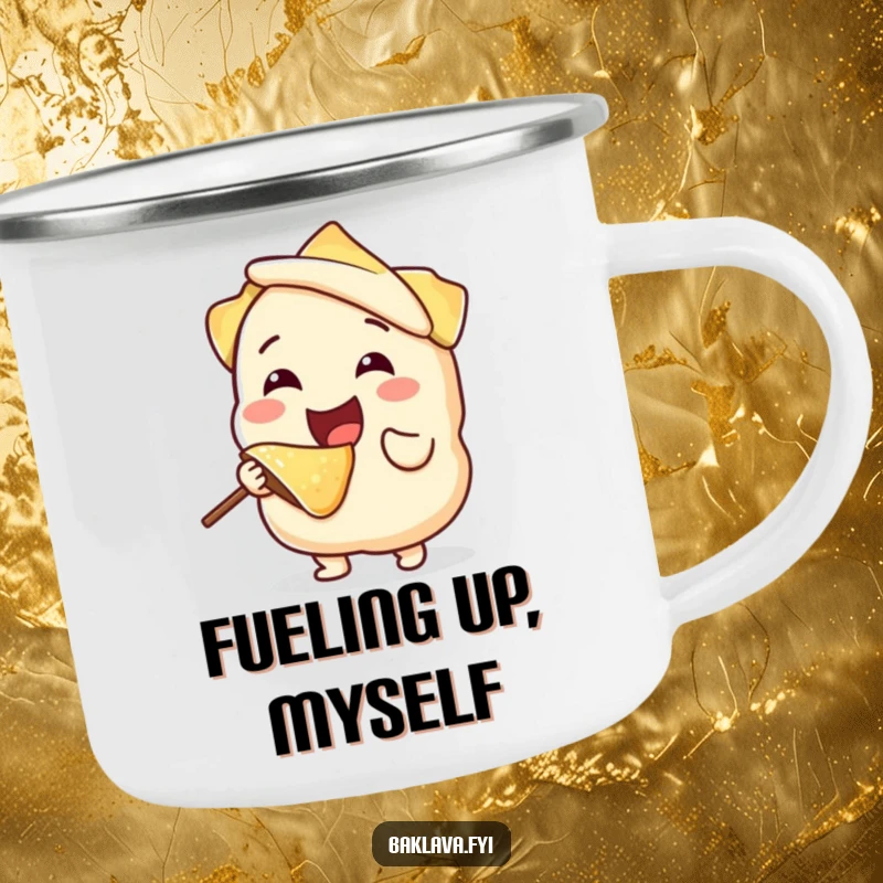 Funny, joyful phyllo dough character happily taking a bite from itself, on a rugged camping mug, perfect for outdoor humor and drinks.